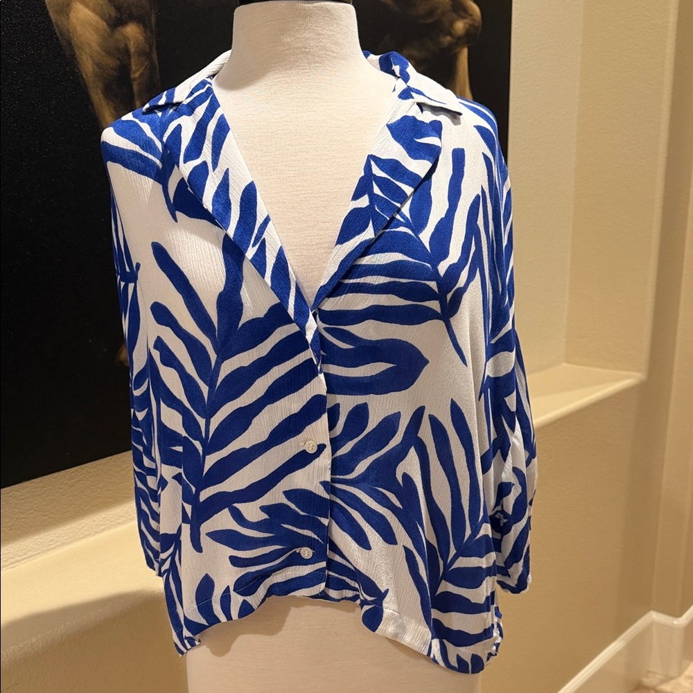 H&M Oversized White & Royal Blue Leaf Print Button-Front Blouse